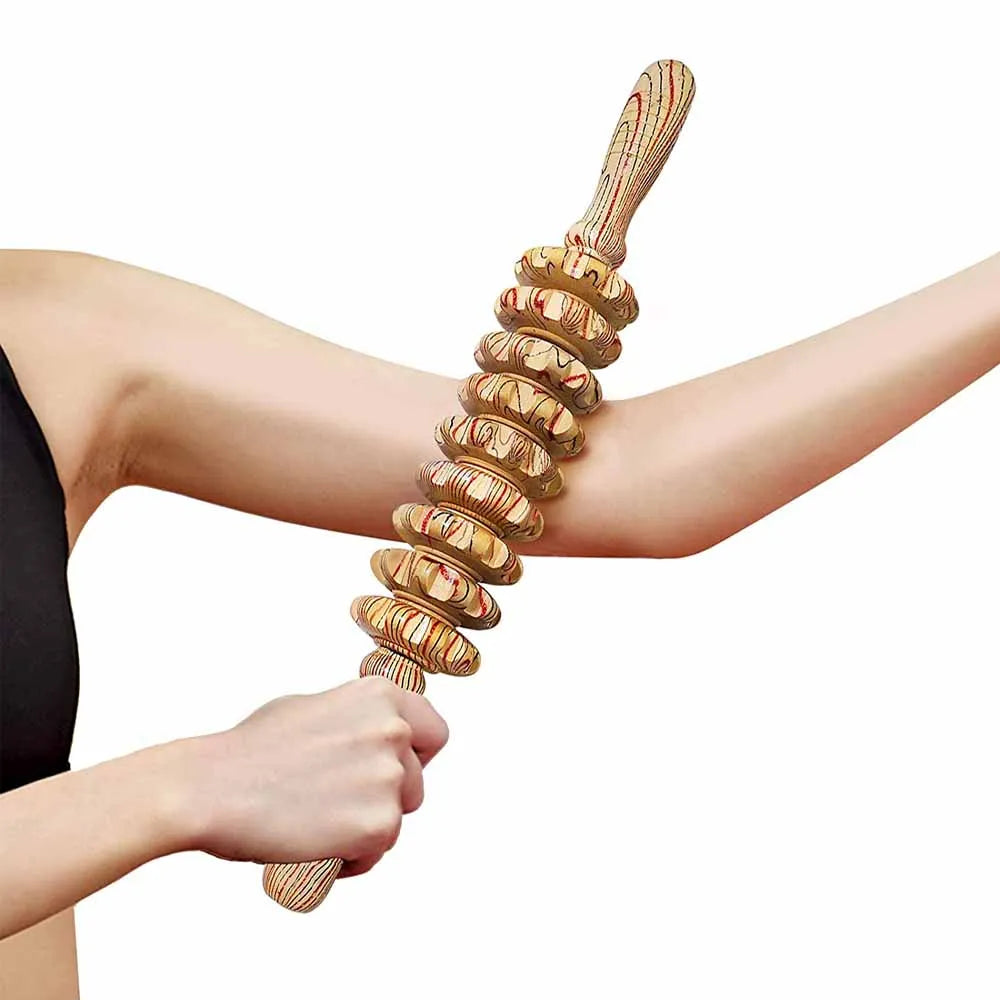 9 Rollers Wooden Massager - Handheld Roller Stick for Anti-Cellulite, Muscle Pain Relief, and Body Sculpting, Manual Massage Tool