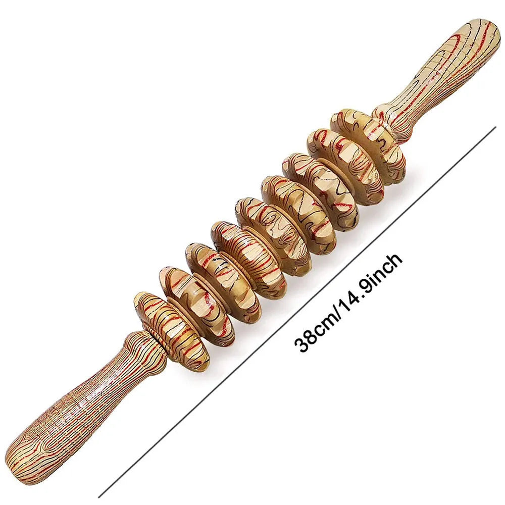 9 Rollers Wooden Massager - Handheld Roller Stick for Anti-Cellulite, Muscle Pain Relief, and Body Sculpting, Manual Massage Tool