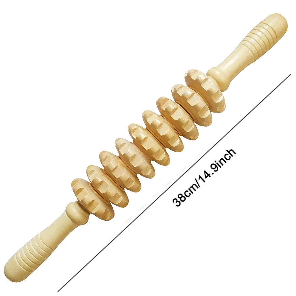 9 Rollers Wooden Massager - Handheld Roller Stick for Anti-Cellulite, Muscle Pain Relief, and Body Sculpting, Manual Massage Tool