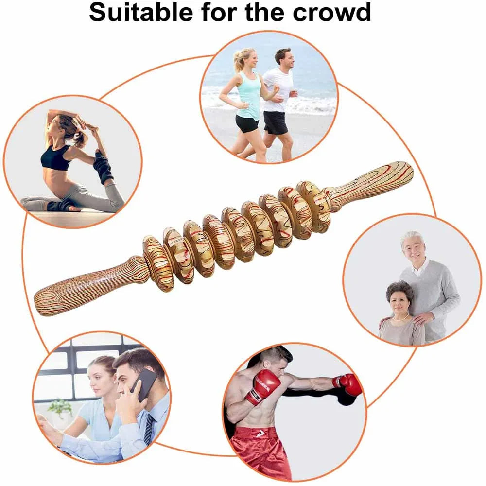 9 Rollers Wooden Massager - Handheld Roller Stick for Anti-Cellulite, Muscle Pain Relief, and Body Sculpting, Manual Massage Tool