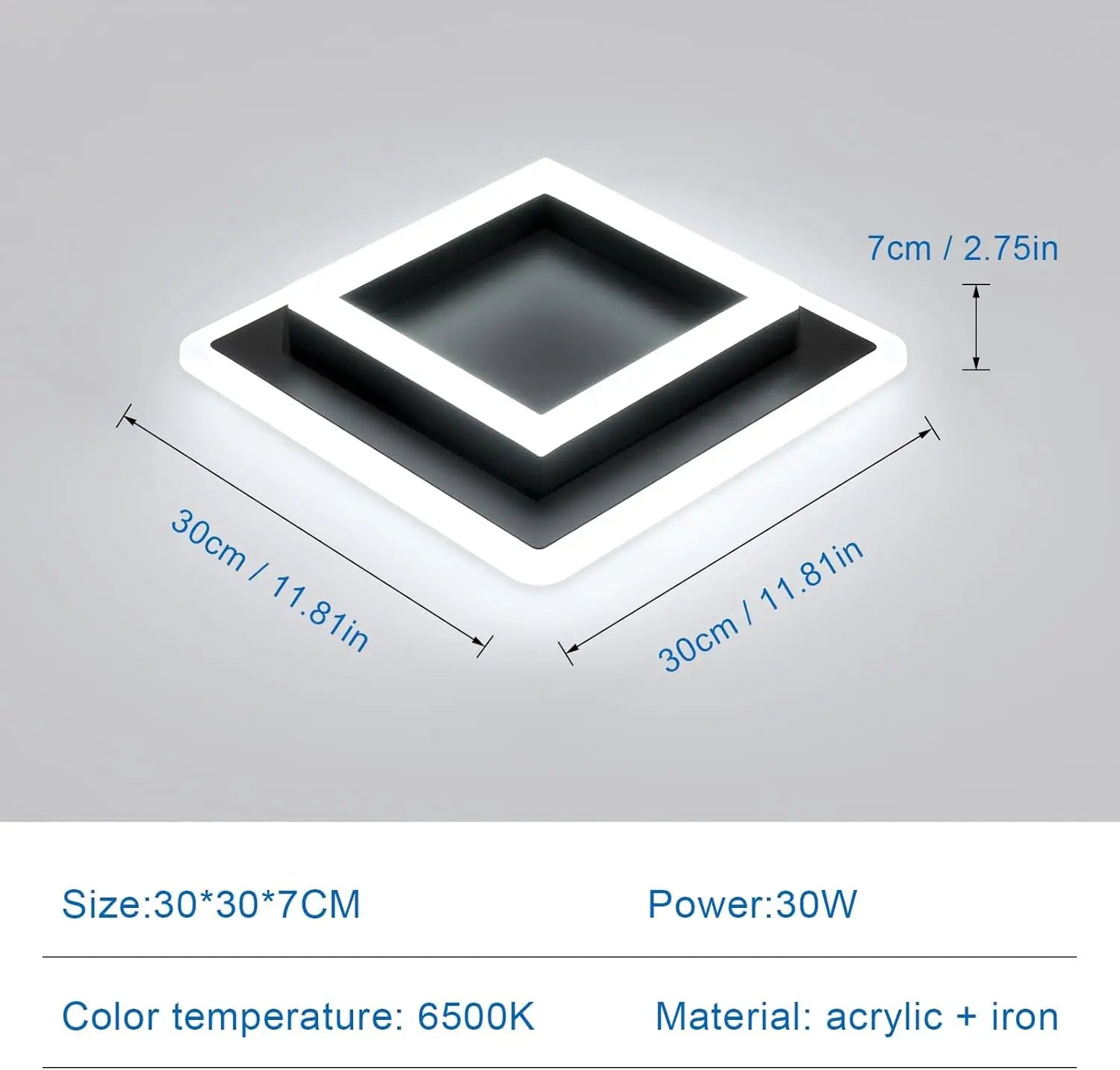 Lampă de tavan acrilică pătrată neagră 30W - 30CM