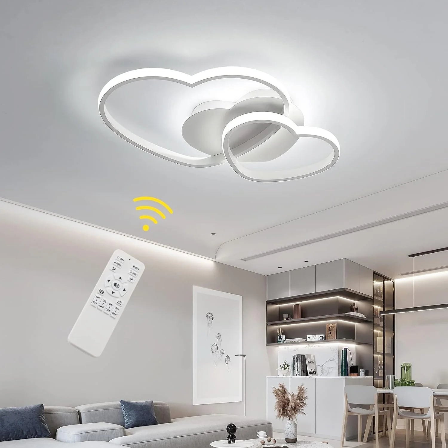 Dimmable 64W LED Ceiling Light Heart Shape, White Chandelier with Remote Control