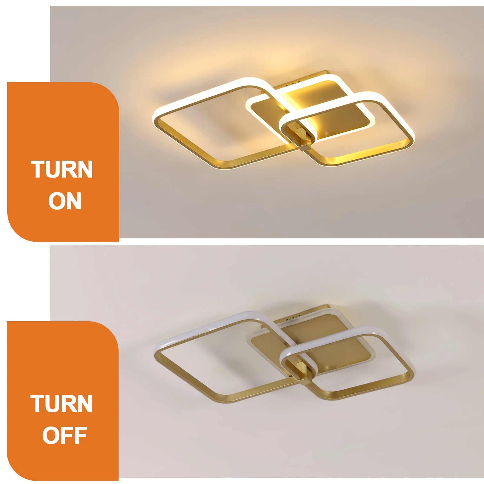 Square LED Ceiling Light Fixture, 40W, Warm Light 3000K, Modern Design, Gold