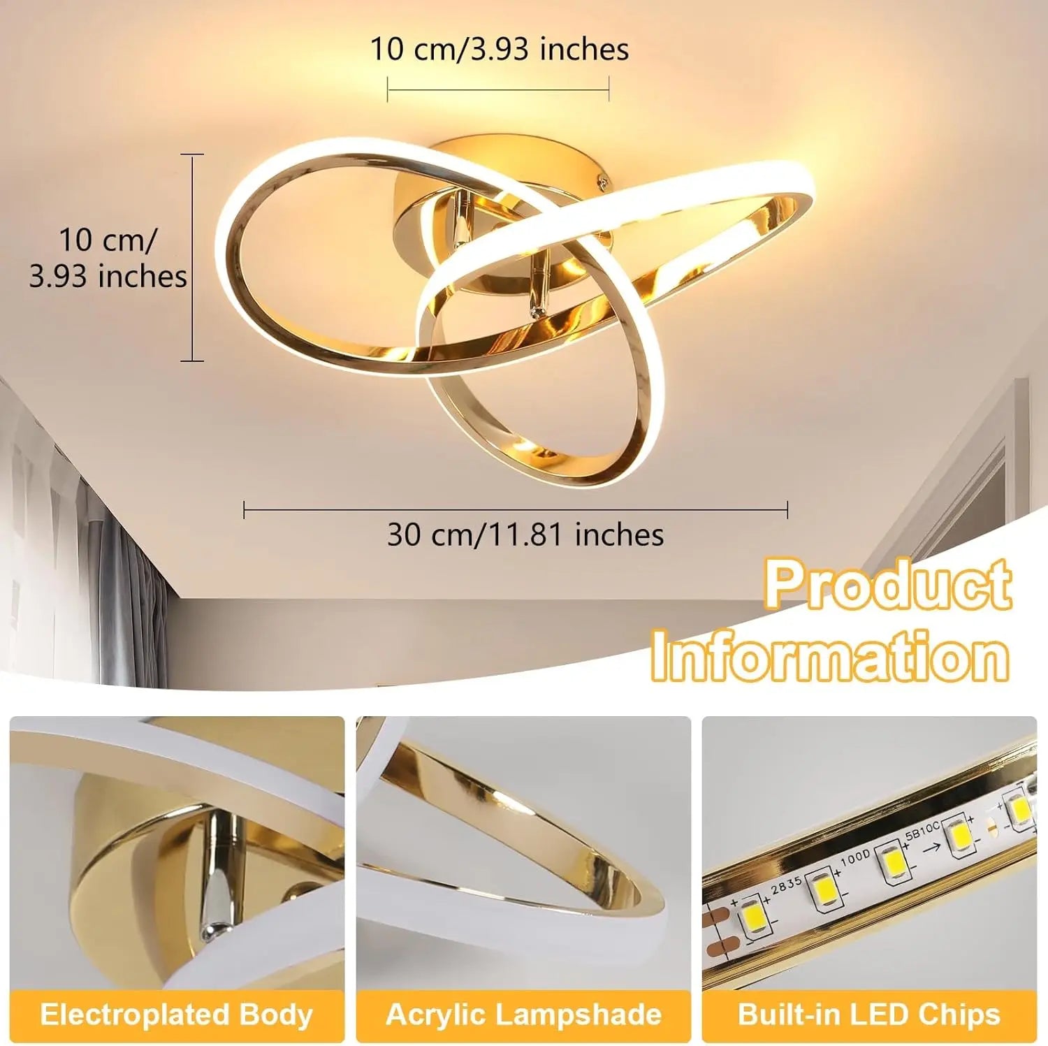 LED Ceiling Light 30W Flower Shape, Gold Ceiling Lamp 3000K Warm Light