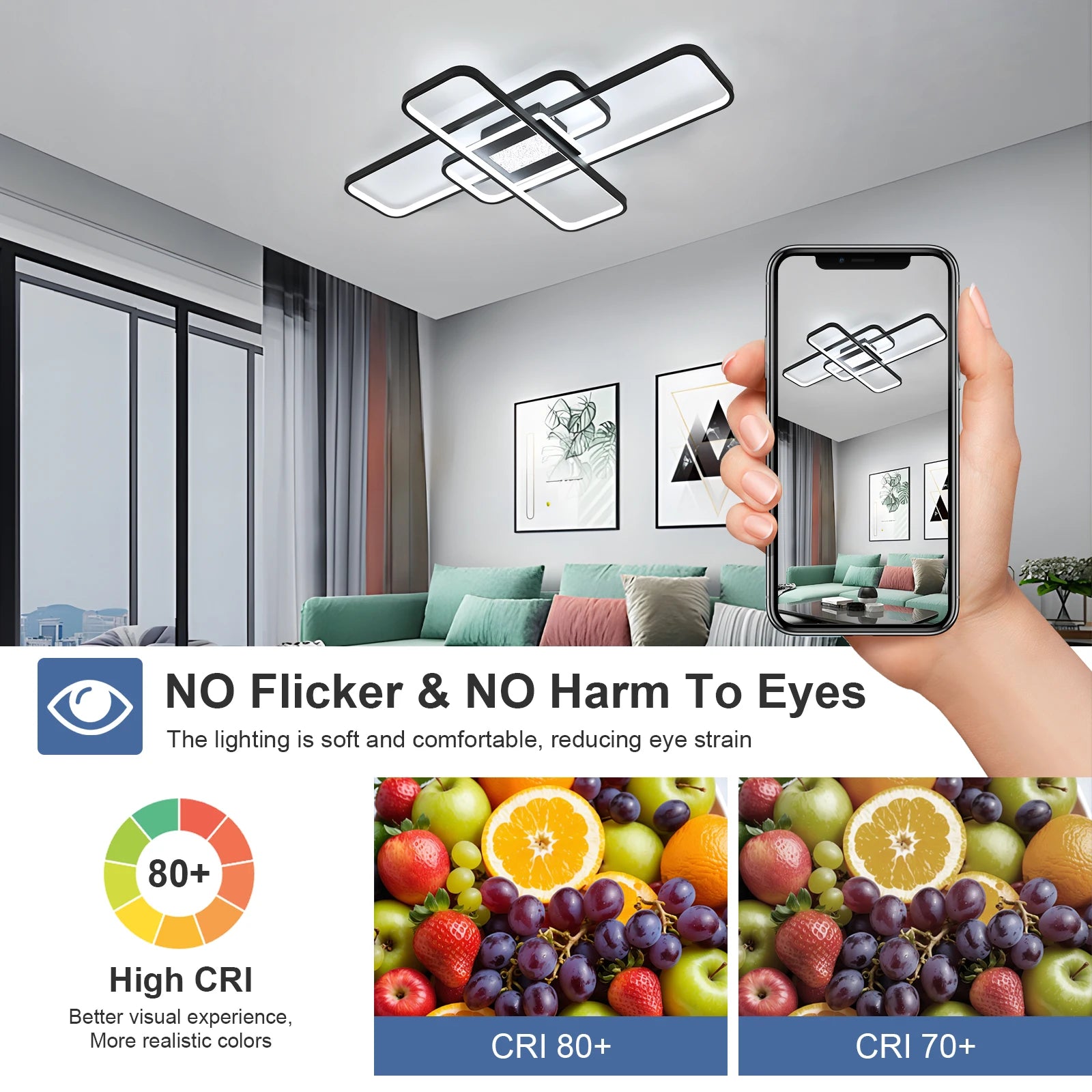 Dimmable LED Ceiling Light, 3-Square Design, Remote & App Controlled