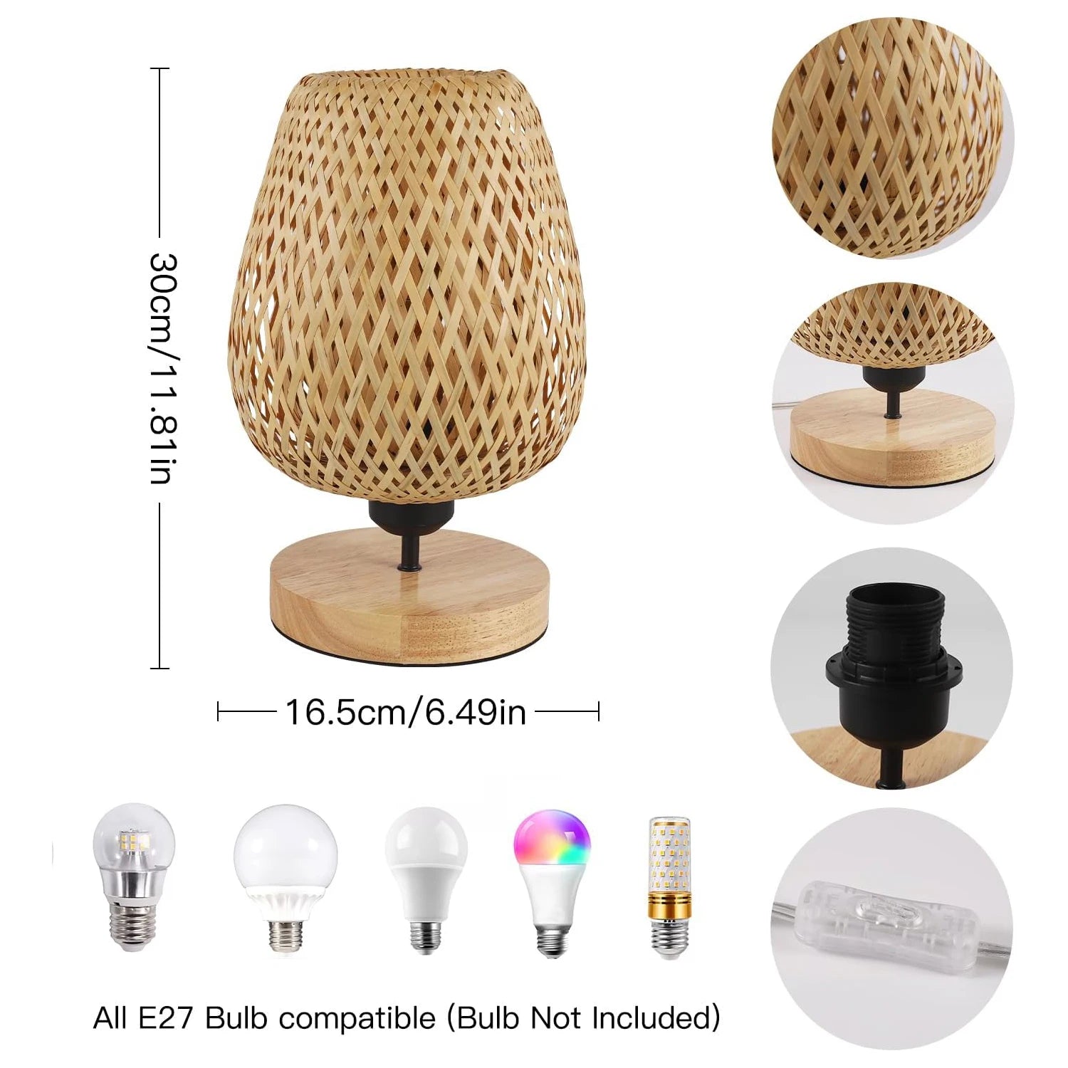 Modern LED Table Lamp, Bedside Lamp with Cable Switch, E27, No Bulb, Vintage Style