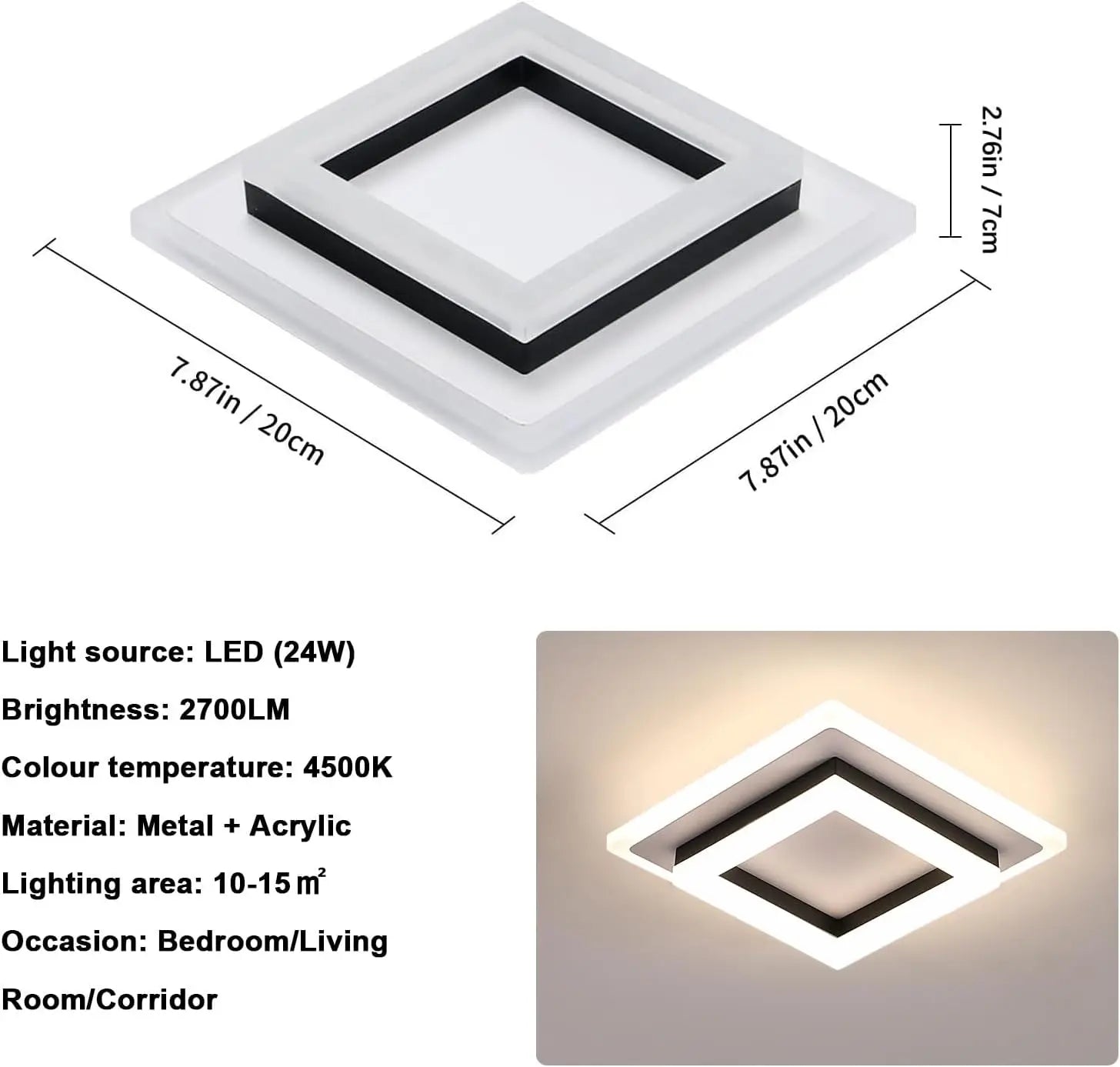 Square LED Ceiling Light, 24W, White Light, for Bedroom, Kitchen or Office