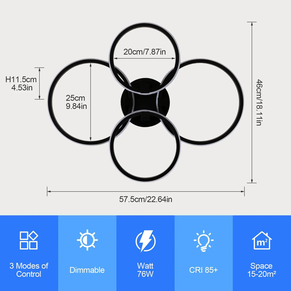 LED Dimmable Ceiling Light, 4-Ring 76W LED, Remote Control