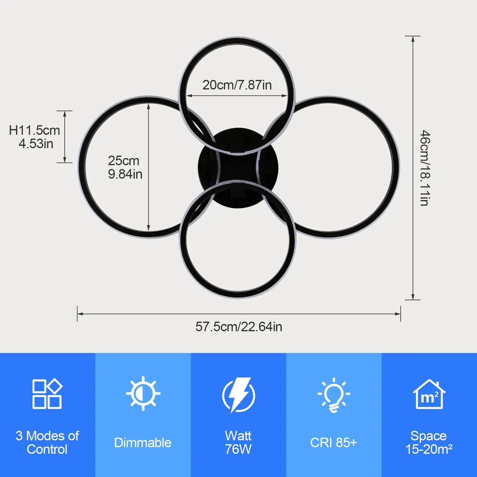 LED Dimmable Ceiling Light, 4-Ring 76W LED, Remote Control