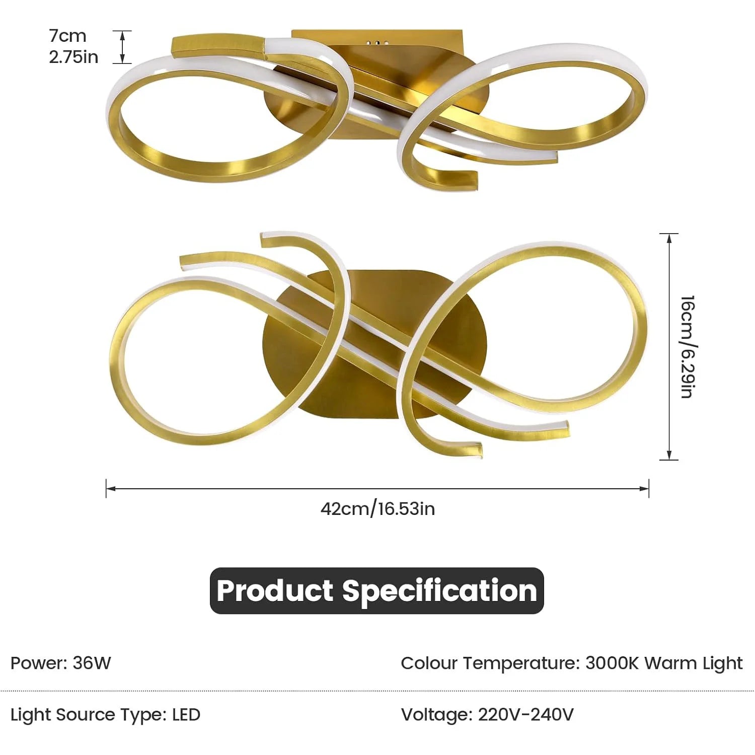 Golden Chandelier Ceiling Light, 3000K Warm White