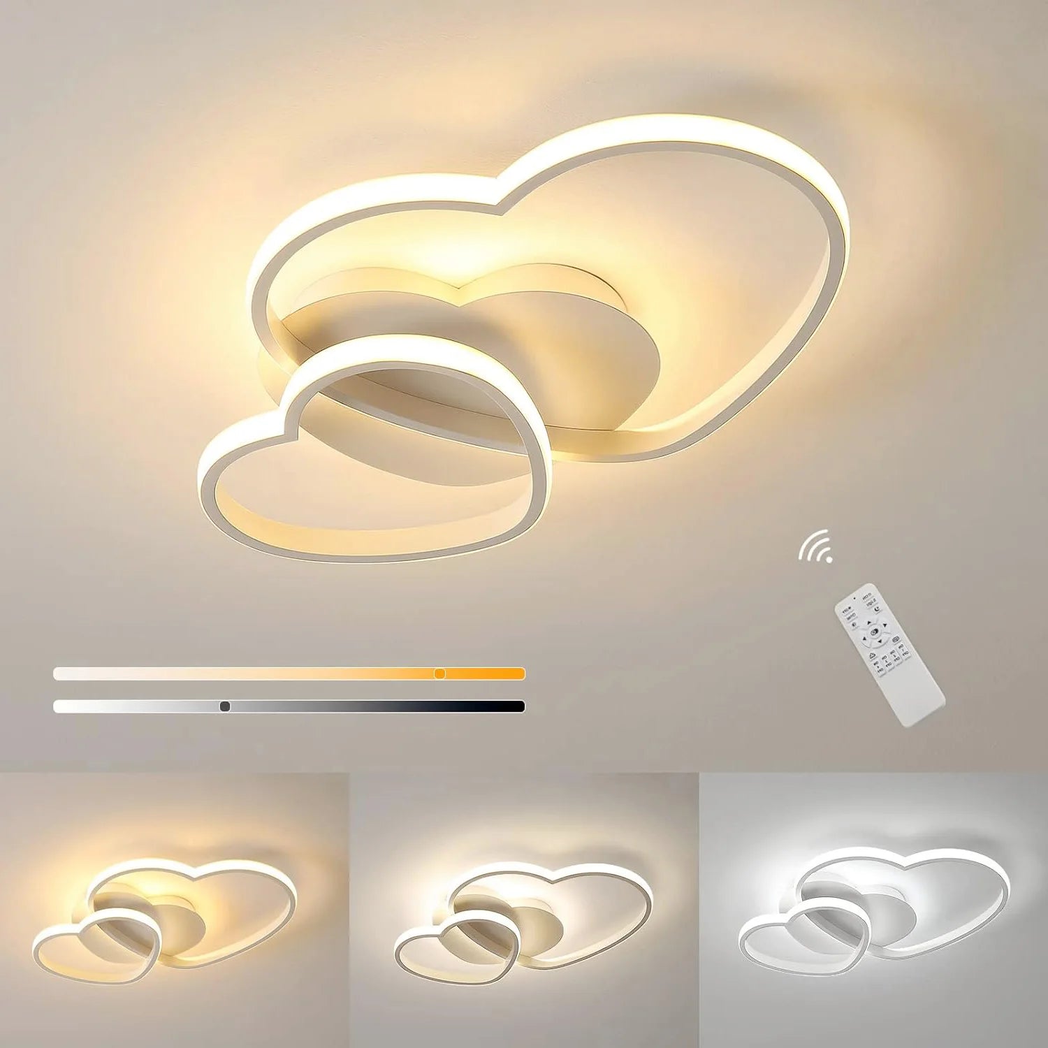 Dimmable 64W LED Ceiling Light Heart Shape, White Chandelier with Remote Control