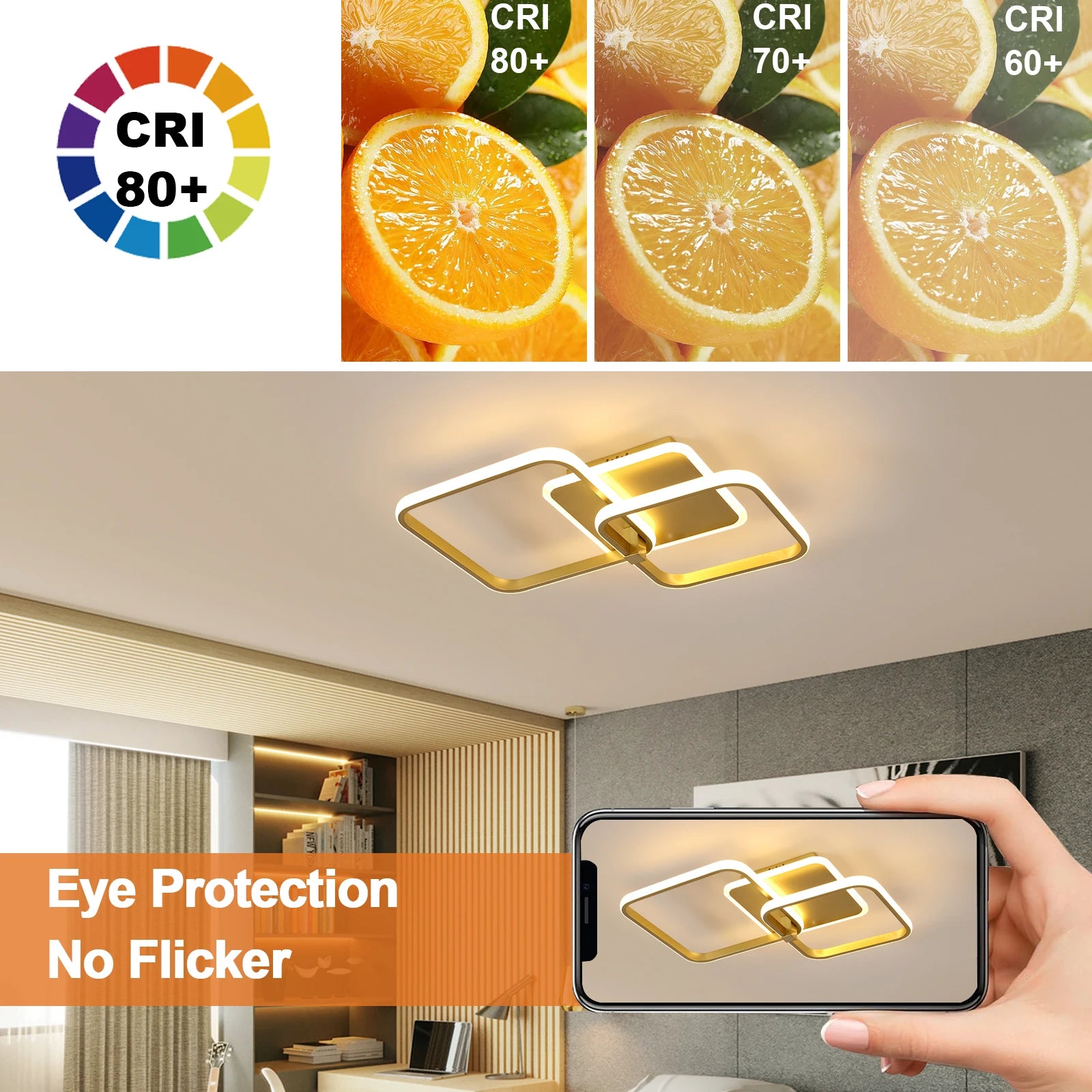 Square LED Ceiling Light Fixture, 40W, Warm Light 3000K, Modern Design, Gold