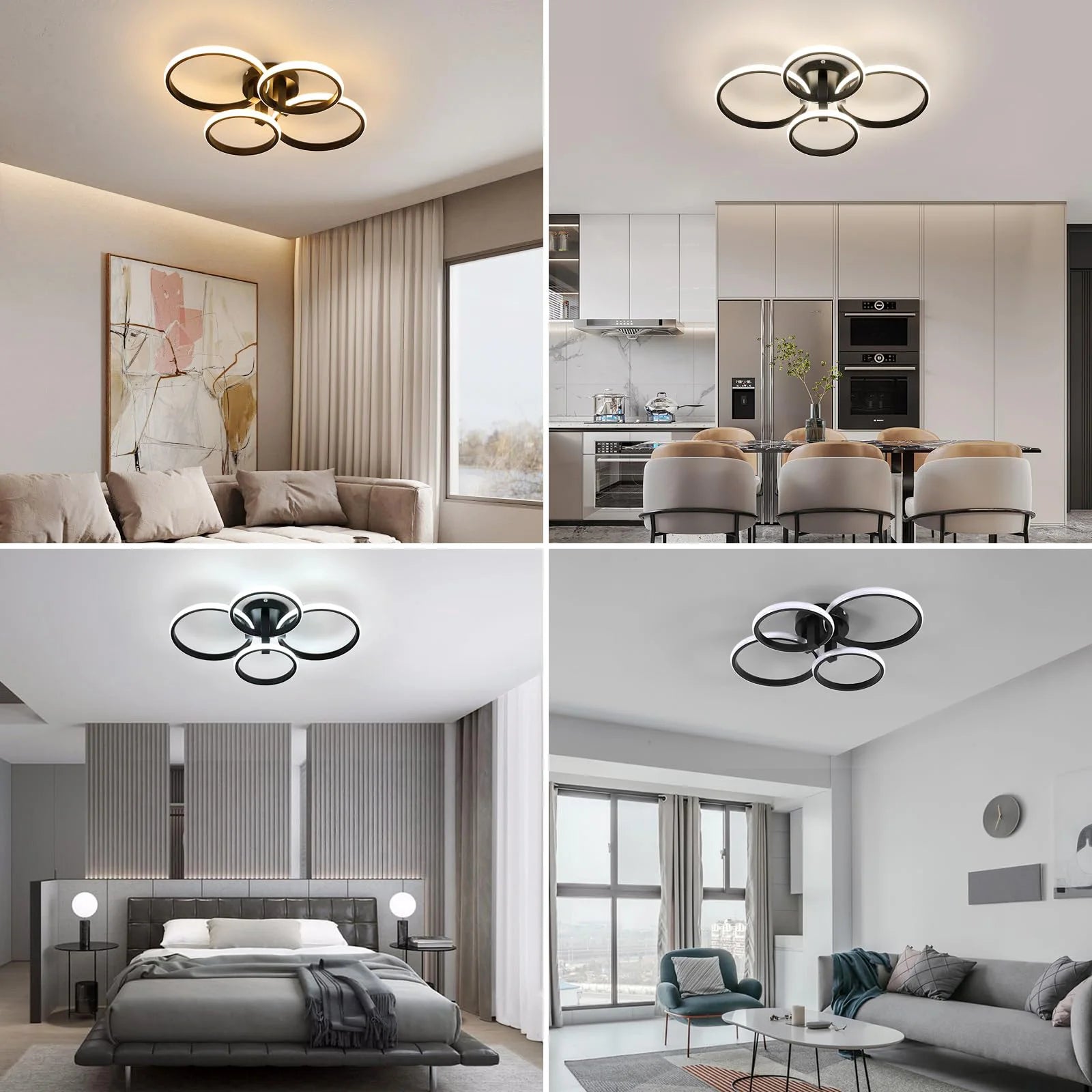 LED Dimmable Ceiling Light, 4-Ring 76W LED, Remote Control