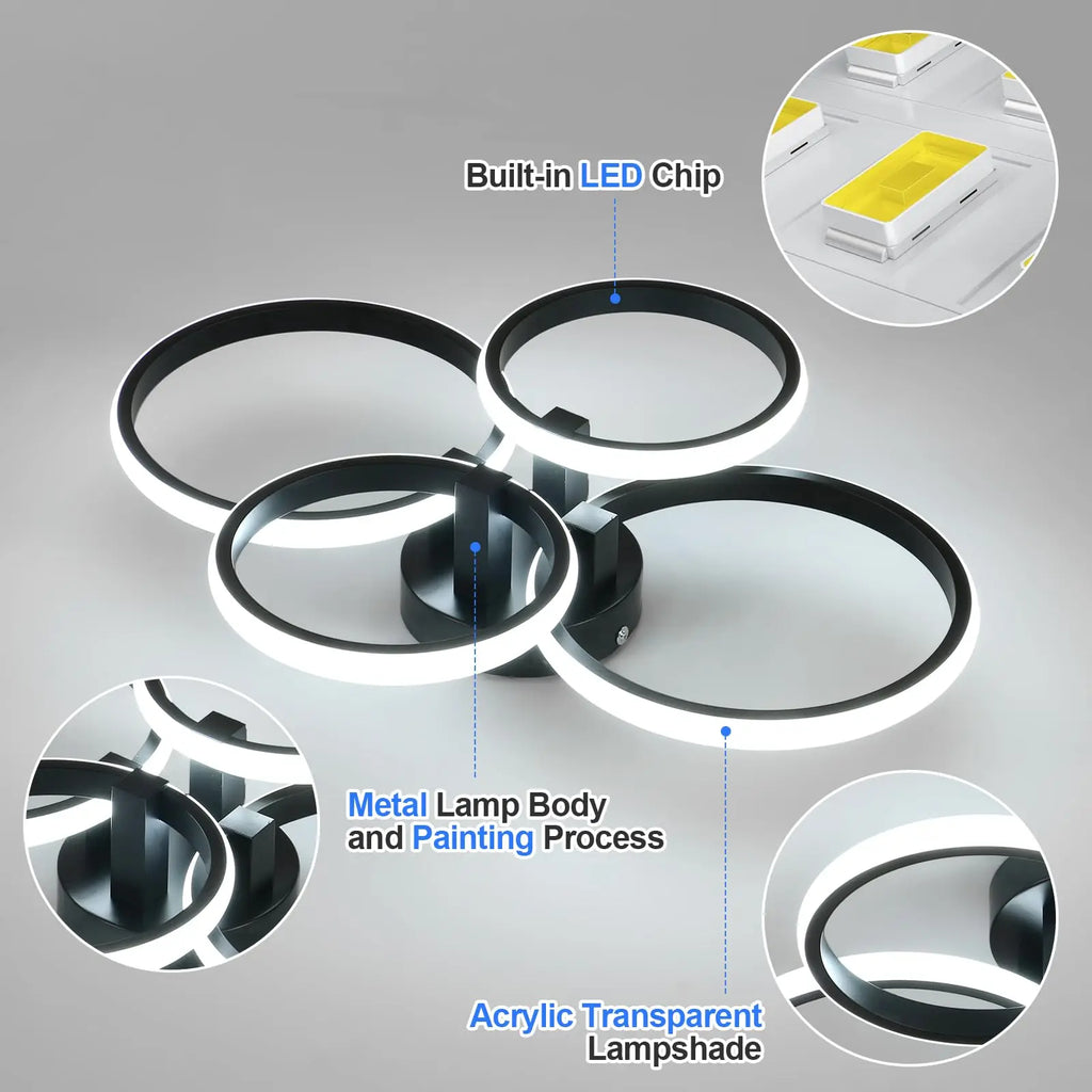 LED Dimmable Ceiling Light, 4-Ring 76W LED, Remote Control