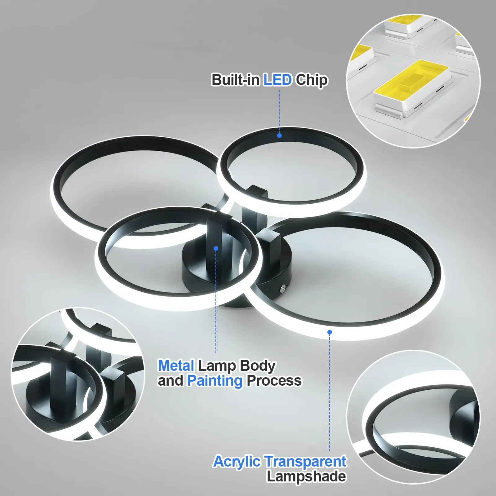 LED Dimmable Ceiling Light, 4-Ring 76W LED, Remote Control