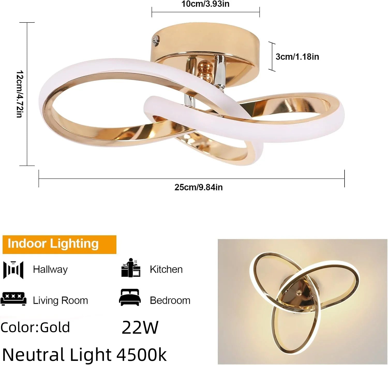 LED Ceiling Light with Curved Design, Warm, Neutral or Cool Light, 220V