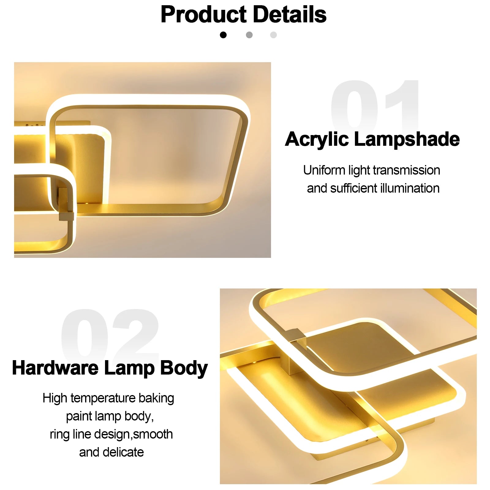 Square LED Ceiling Light Fixture, 40W, Warm Light 3000K, Modern Design, Gold