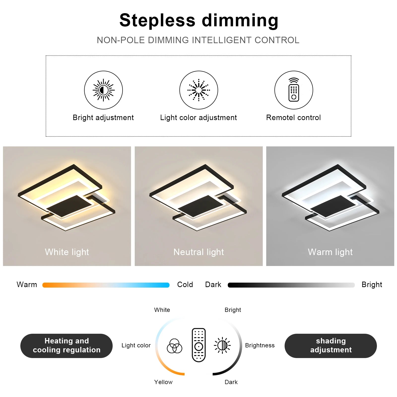 Modern LED Ceiling Light, 2-Square Flush Mount 54W, Dimmable, with Remote Control