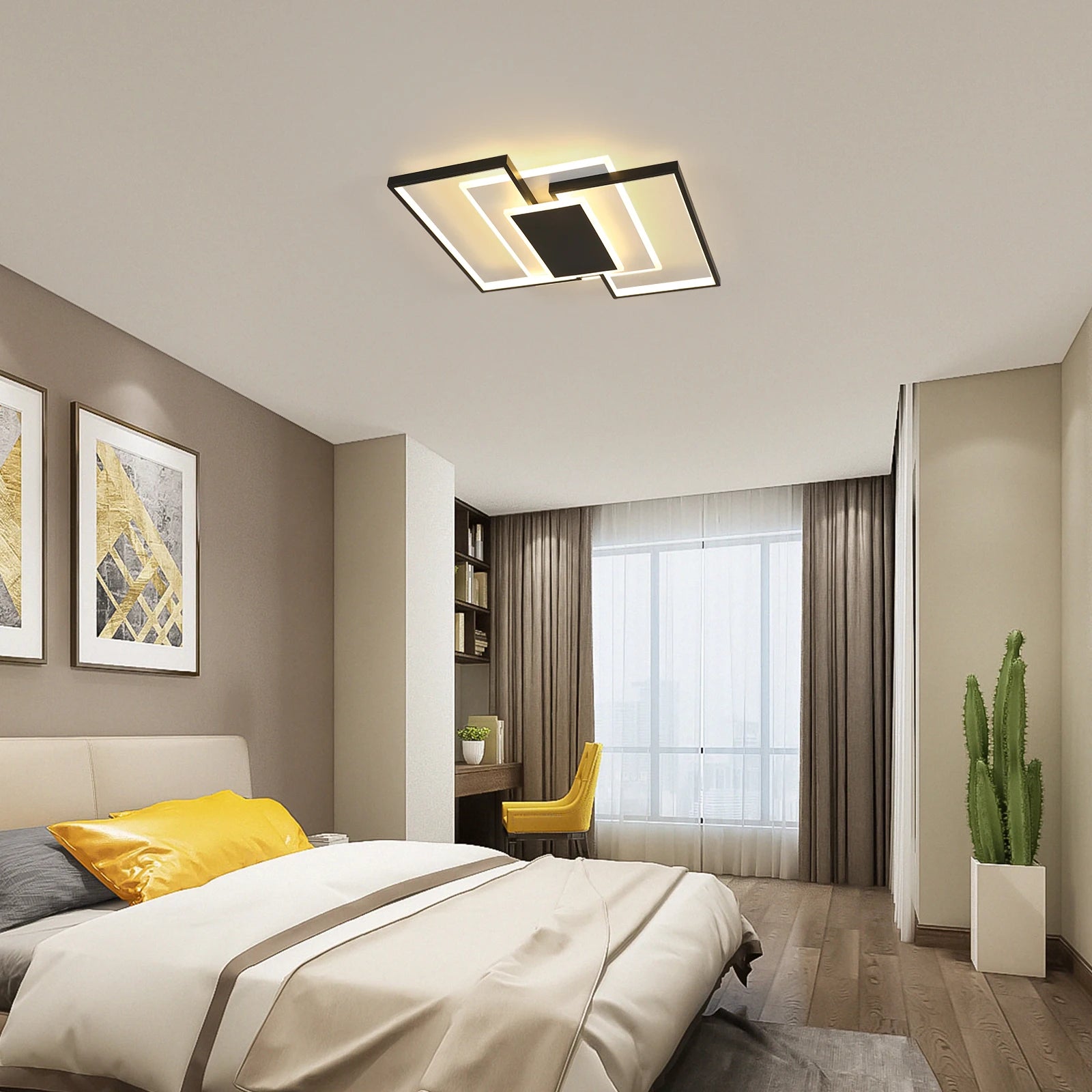 Modern LED Ceiling Light, 2-Square Flush Mount 54W, Dimmable, with Remote Control