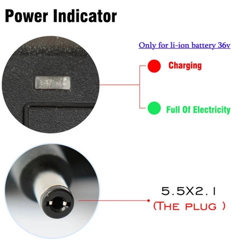 42V 2A Smart Lithium Battery Charger - 5.5x2.1mm DC for 36V 10S 10AH/12AH/20AH Electric Cars, Hoverboards, and Balance Wheels (EU/US Plug)