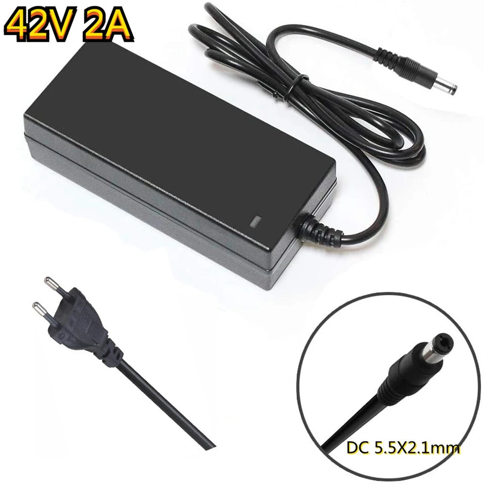 42V 2A Smart Lithium Battery Charger - 5.5x2.1mm DC for 36V 10S 10AH/12AH/20AH Electric Cars, Hoverboards, and Balance Wheels (EU/US Plug)