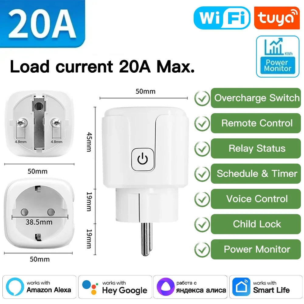Tuya WiFi/Zigbee Smart Plug EU 16A/20A – Power Monitor, Remote Control, SmartLife, Alexa & Google Home