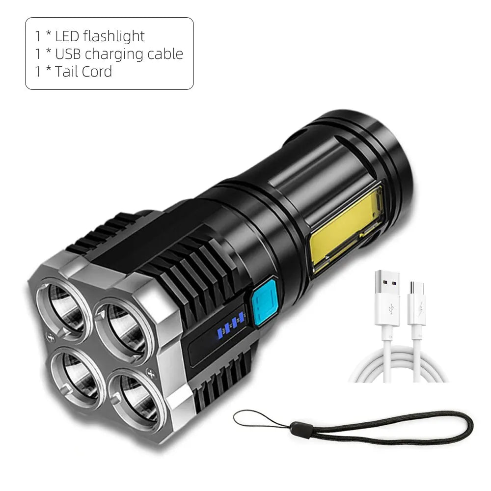 High Power LED Flashlight with COB Side Light - Rechargeable, 4 Modes