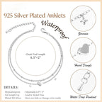 925 Silver Heart Anklet – Waterproof CZ Charm Jewelry for Women