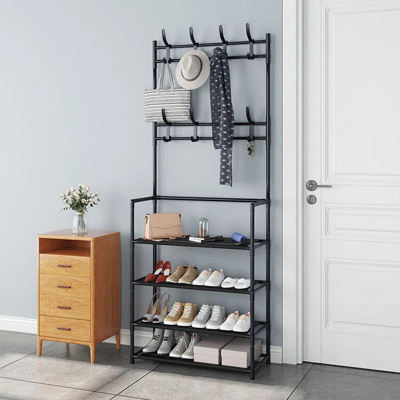 4/5-Tier Shoe Rack with Hangers – Heavy-Duty Floor Organizer for Shoes, Hats & Clothes | Space-Saving Entryway Shelf (60cm Wide, 5kg/Layer)