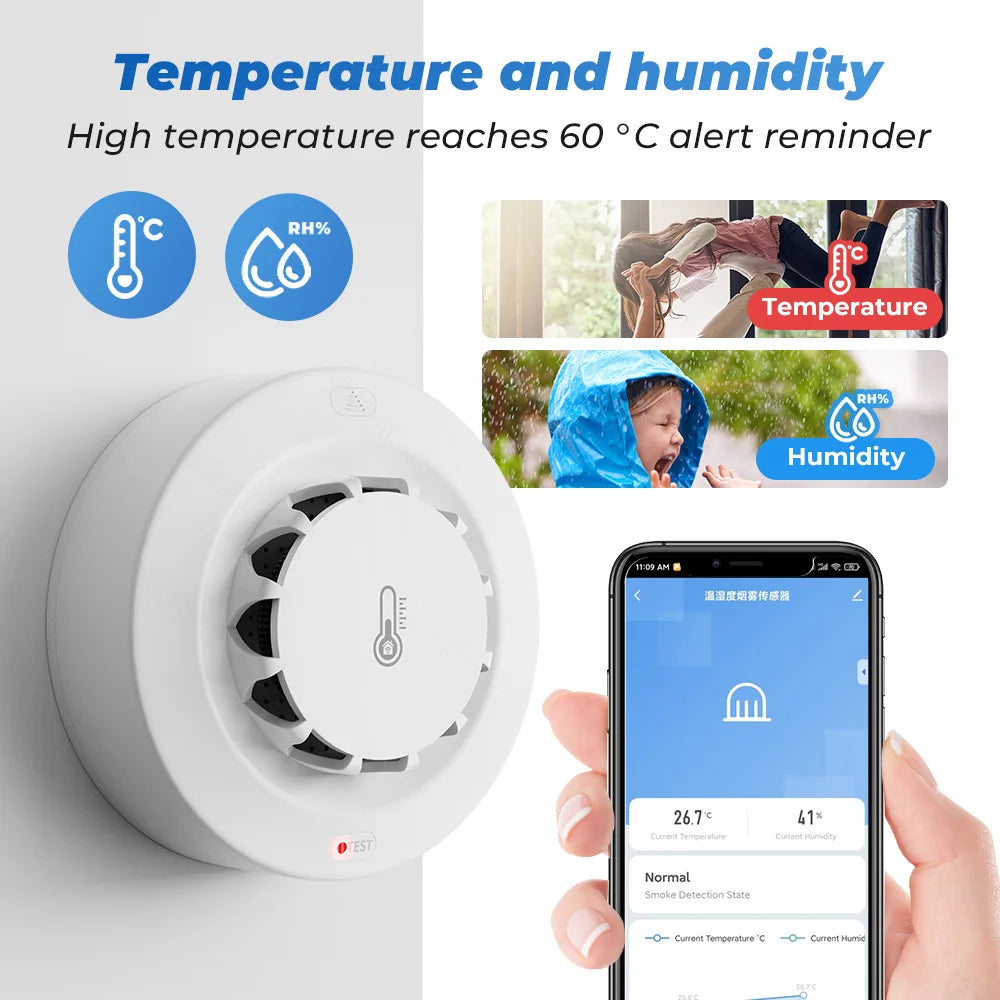 Tuya WiFi Smart Smoke & Fire Alarm – Temperature & Humidity Detector, Works with Alexa & Google Home