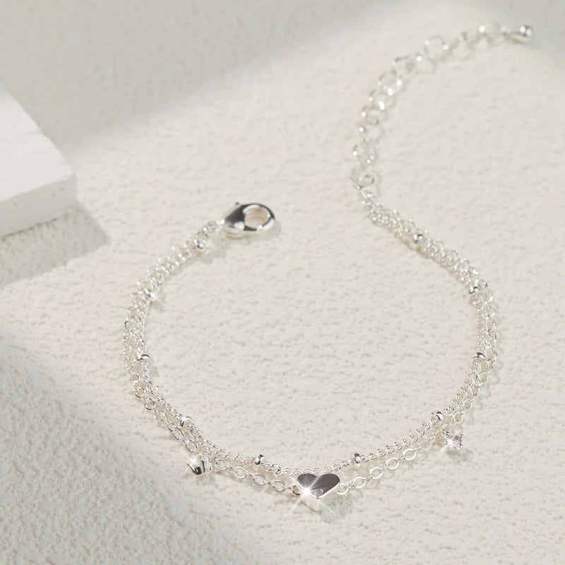 925 Silver Heart Anklet – Waterproof CZ Charm Jewelry for Women