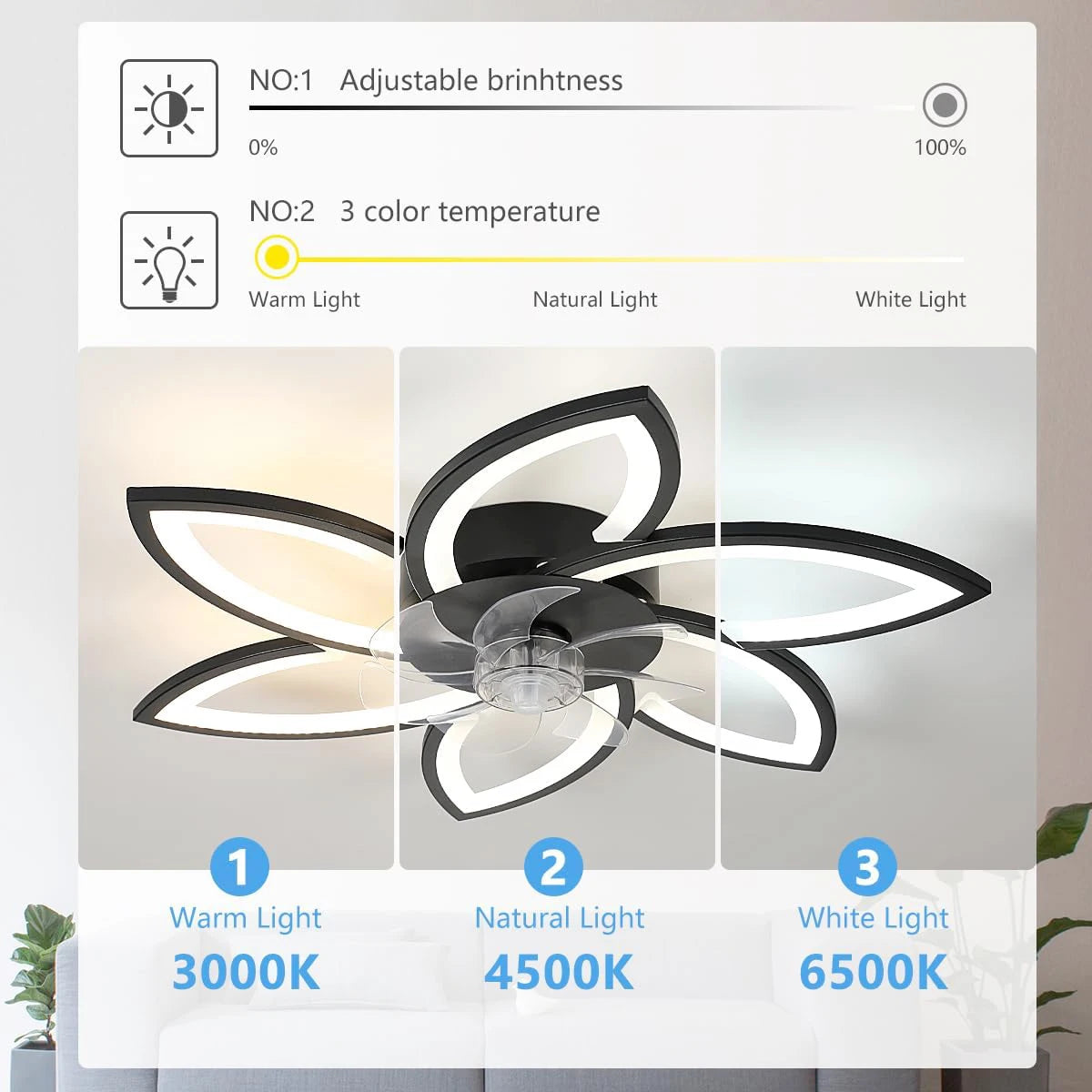 Ceiling Fan with Silent Light, 75CM Modern LED Dimmable