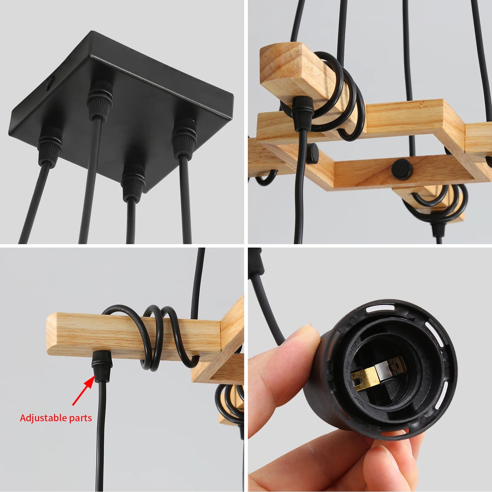 Industrial Vintage Pendant Light E27, Wire-Wound Wooden Chandelier