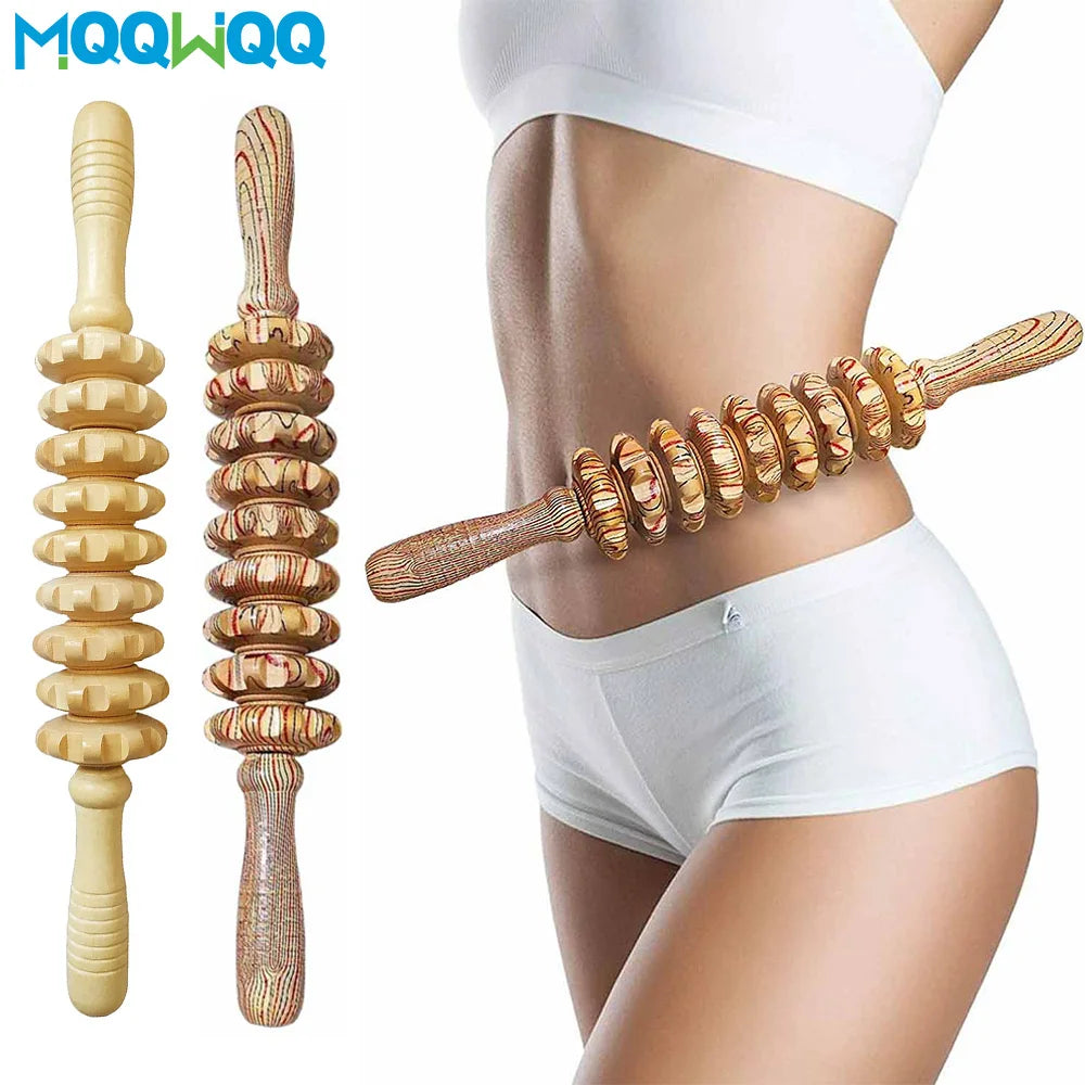 Aparat de Masaj din Lemn cu 9 Role – Stick Portabil Anti-celulita & Sculptarea Corpului