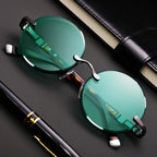 Ochelari de soare unisex clasici fără rame – ochelari retro rotunzi cu cristal verde închis