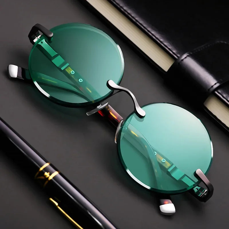 Ochelari de soare unisex clasici fără rame – ochelari retro rotunzi cu cristal verde închis