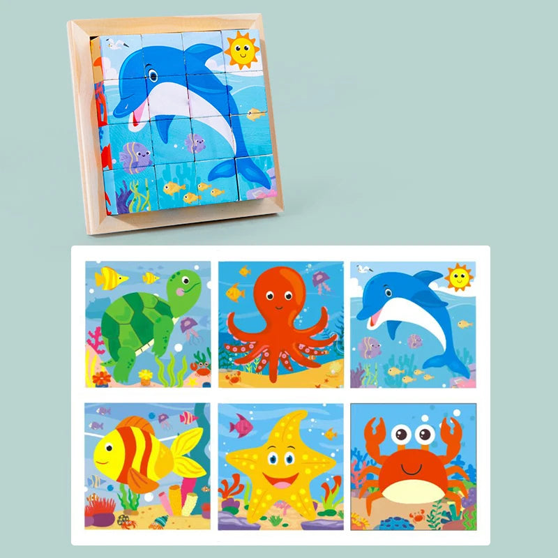 Puzzle 3D Cub cu 6 Fețe - Jucărie Educativă din Lemn pentru Copii | Joc de Depozitare Distractiv cu Tematică de Animale & Junglă