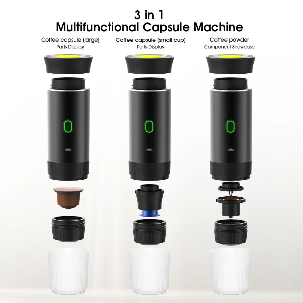 Espressor verde USB - Aparat de cafea portabil 3 în 1 pentru capsule și cafea măcinată, presiune 15 bar, încărcare tip C, ideal pentru acasă, camping și călătorii