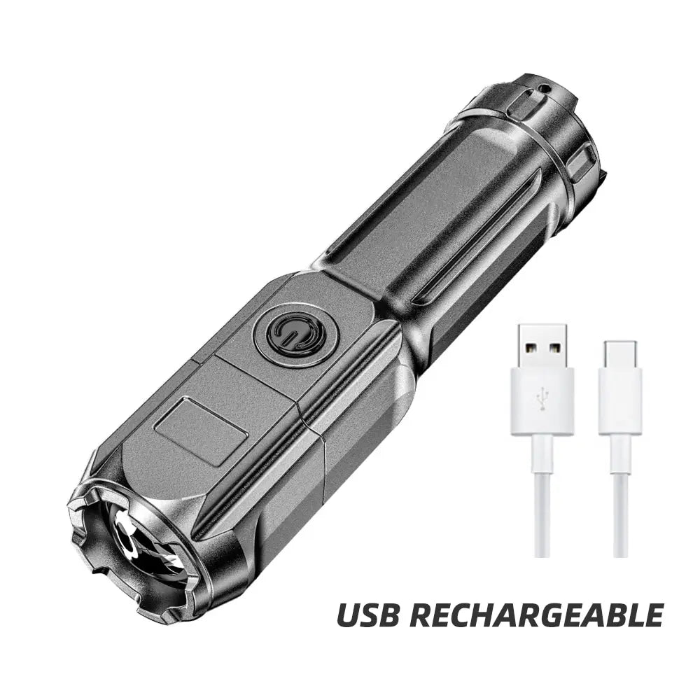 Lanterna LED, încărcabilă prin USB, cu zoom și 3 moduri de iluminare.