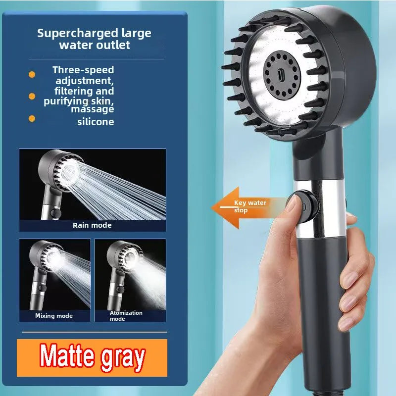 High-Pressure Filter Shower Head - 3-Mode Adjustable Spray with Massage Brush, Water-Saving Rain Faucet Design, Gold-Plated Finish