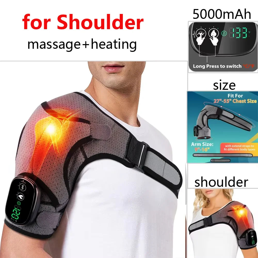 Electric Heating Shoulder Massager - 3-in-1 Vibration Massage Brace for Shoulder, Elbow & Knee, Rechargeable Pain Relief & Muscle Relaxation