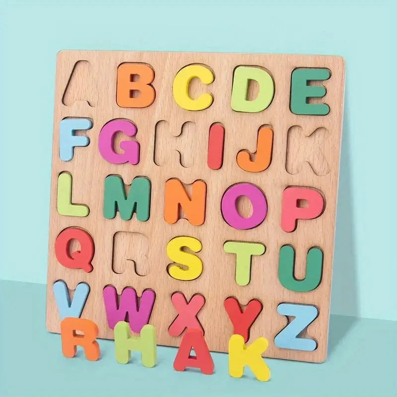 Puzzle din lemn cu alfabet și cifre colorate - Joc educațional de potrivire pentru învățarea preșcolară (vârste 3-12)