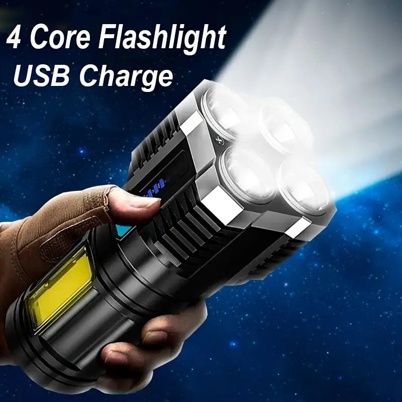 High Power LED Flashlight with COB Side Light - Rechargeable, 4 Modes