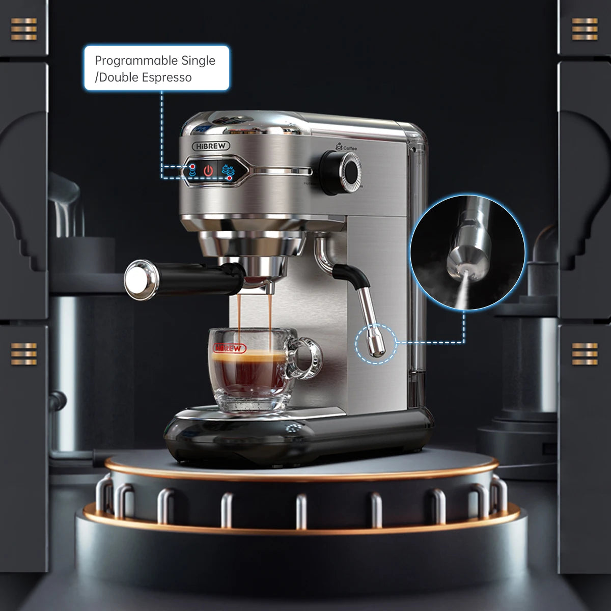 HiBREW 20 Bar Semi-Automatic Espresso Machine - Stainless Steel Coffee Maker for Espresso, Ground Coffee, and ESE Pods, Model H11 SR