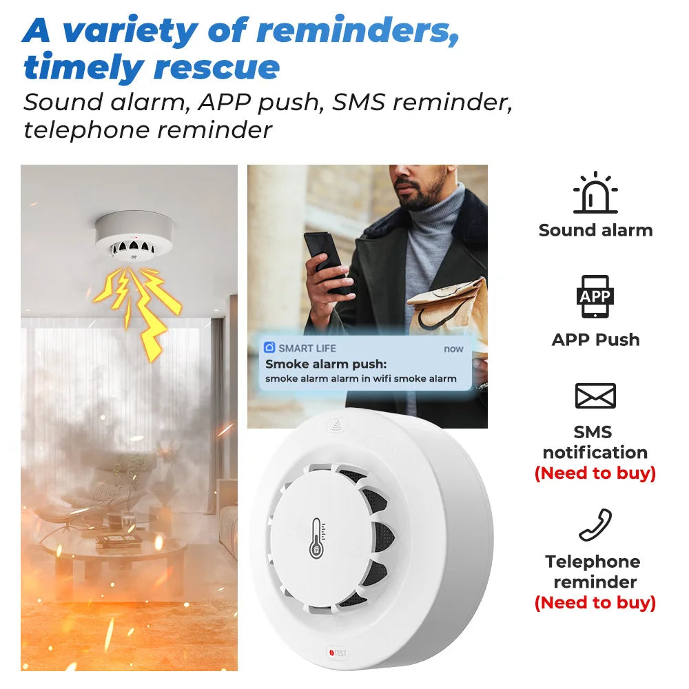 Tuya WiFi Smart Smoke & Fire Alarm – Temperature & Humidity Detector, Works with Alexa & Google Home