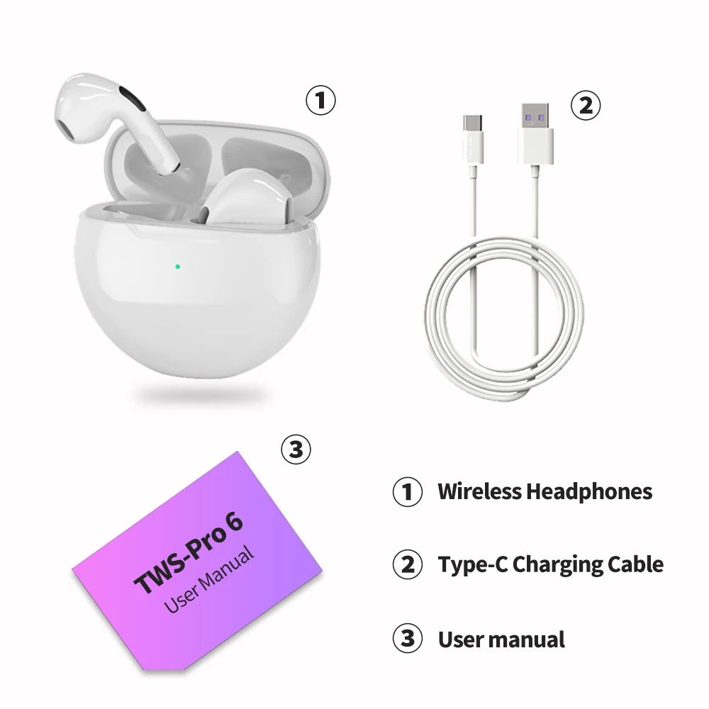 Pro6 TWS Wireless Bluetooth 5.0 Earphones | Smart Touch Control | Sports & Music