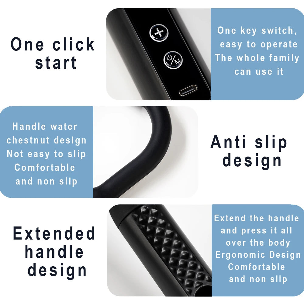 Fascia Gun with Extended Handle & Elbow - Self-Assist Massage for Upper & Lower Back, Muscle Relaxation, 9 Modes, 9 Intensity Levels
