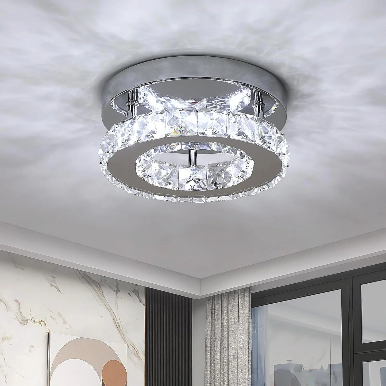 LED Ceiling Light 12W, Crystal Chandelier, Modern Round Design, 6500K (Cool White), Silver
