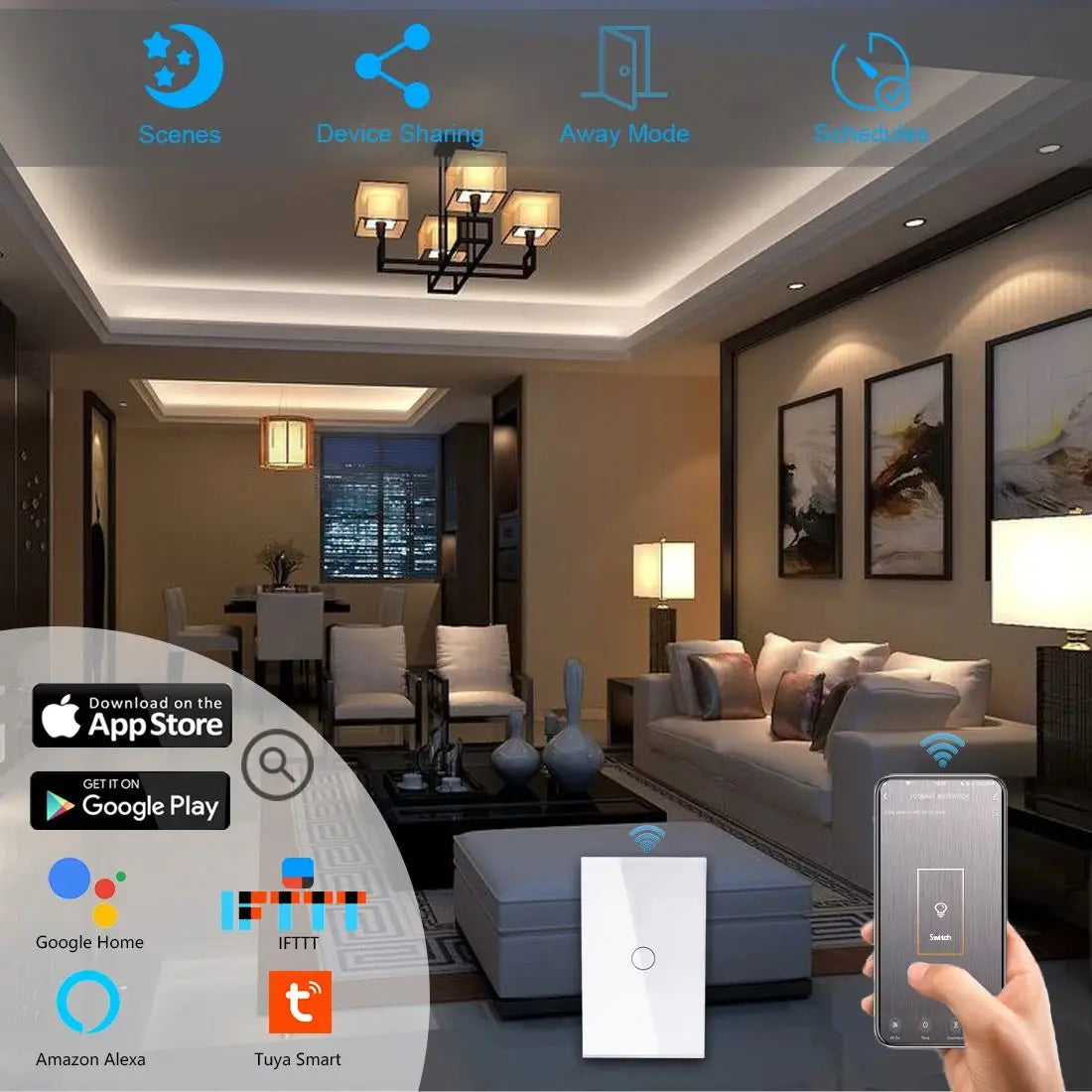 Tuya US/EU WiFi Smart Wall Switch RF433 1/2/3 Gang No Neutral Wire Touch Sensor LED Light Switch for Smart Home, Alexa & Google Home Compatible