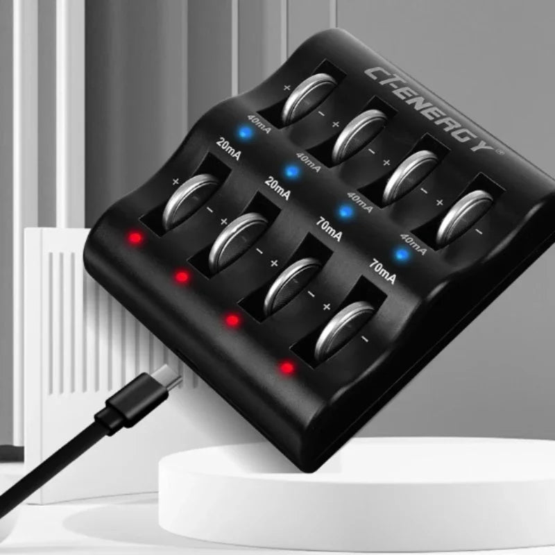 Încărcător inteligent pentru baterii monedă cu litiu cu 8 sloturi - Încărcător USB portabil pentru CR1220, CR2032, CR2450 și altele